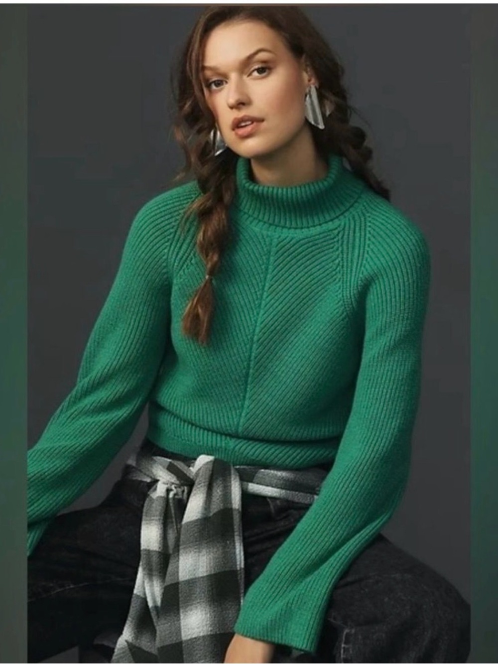 Maeve for Anthropologie, small, Bright Green Ribbed Turtleneck Sweater